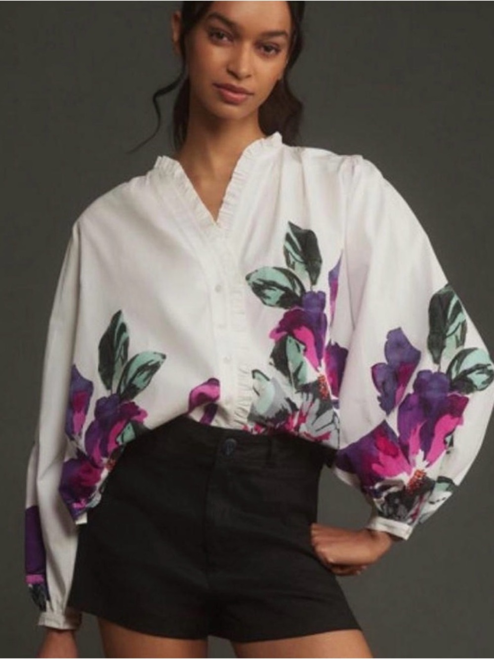 Anthropologie White Blouse with Purple & Magenta Floral Print